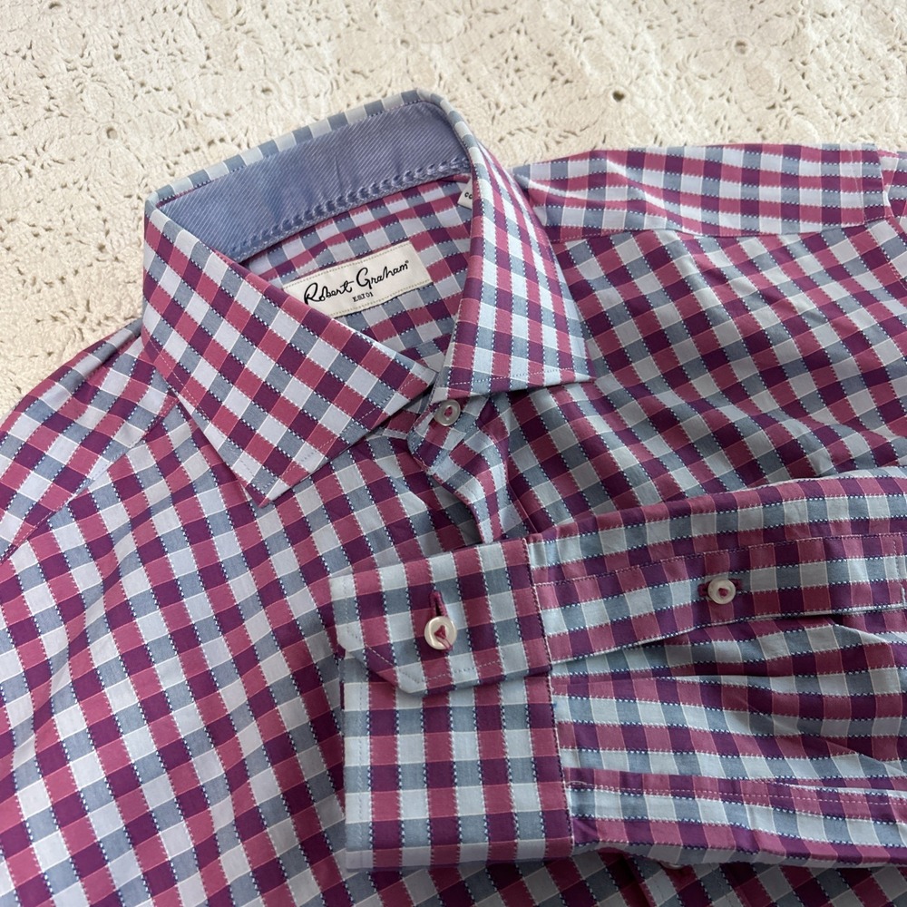 Robert Graham Men's Long Sleeve Dress Shirt Button Up, Size 15.5 39 Blue & Pink